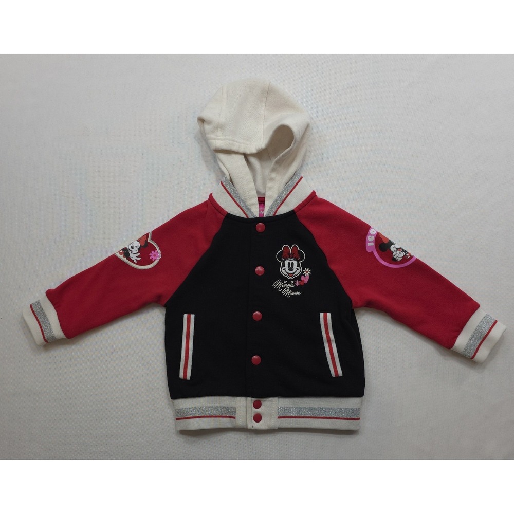 Disney Junior Girl's Minnie Mouse Black & Red Hooded Varsity Jacket.‎ Size 3T